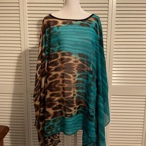Teal and Brown Animal Print Sheer Scarf Poncho